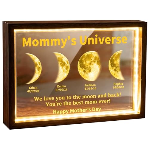 ROSLILY Personalized Moon Phase Picture Frame Custom Mommys Universe Light Frame with Kids Name Birthdate Moms Sky LED Light Frame For Mom Grandma Family Mothers Day Anniversary Birthday