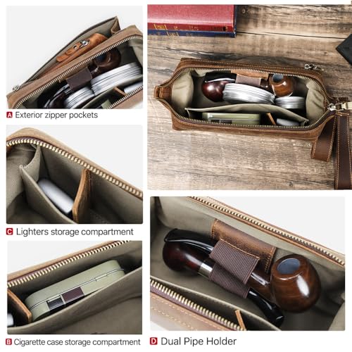Travel Tobacco Pipe Pouch with Pipe Stand Full Grain Leather Smoking Pipe Accessories Organizer for 2 Pipes, Lighter, Cigarette - Image 4