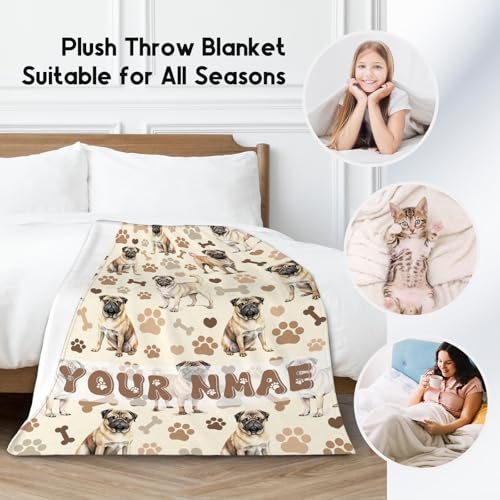 Custom Pug Blanket with Kids, 30x40 Inches Blanket with Dogs on it, Cozy Soft Throw Gifts for Dog Lovers, Cute Flannel Throw Blankets for Couch Office