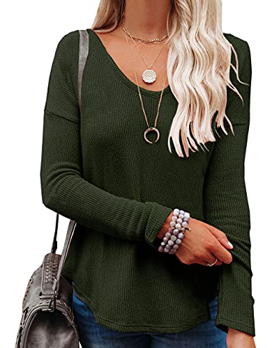 NONSAR Pull en tricot gaufré, pour femme, col en V, couleur unie, manches longues, décontracté, haut, Vert armée., S Cover