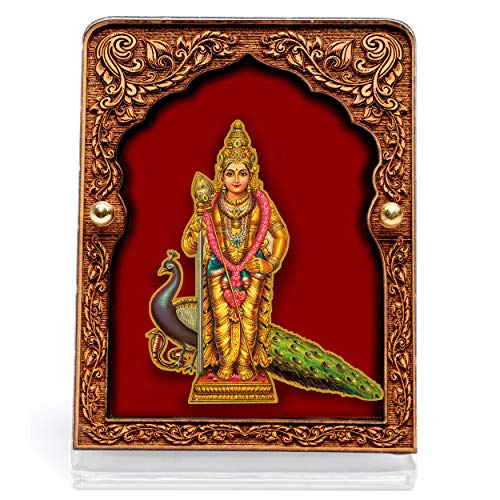 Image of Eknoor Wooden Mahal Velvet Murugan Kartikeya Ji Car Dashboard Frame | Gold-plated Murugan Kartikeya Ji foil on antique wooden mahal arch frame with red velvet backdrop - car, desk, puja ghar