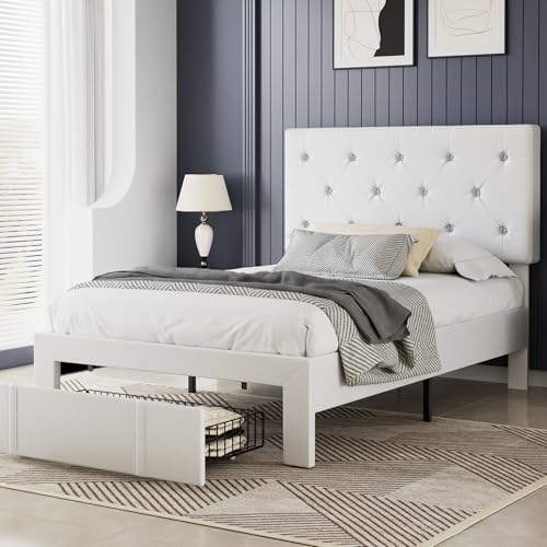 VECELO Twin Size Bed Frame with Storage Drawers, Leather Upholstered with Diamond Tufted Headboard, Solid Wood Slat Support, No Box Spring Needed, PU & White