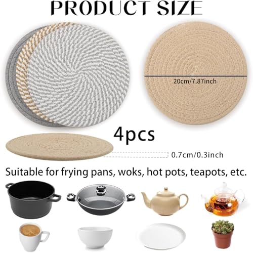 20CM Placemats Set of 4, Round Cotton Braided Woven Placemats, Heat Resistant Grey placemats, Washbale placemat and Coasters for Kitchen Dining Table Home Restaurant - Image 3