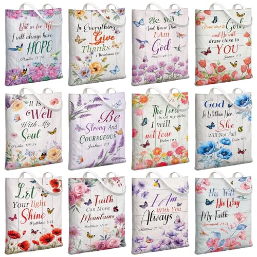 Image of Paterr 12 Pcs Christian Bible Canvas Tote Bags Bulk for Women, Reusable Religious Back to School Gift Bags with Handles, Inspirational Bible Verse Floral Canvas Handbags for Teacher Church Party Gifts