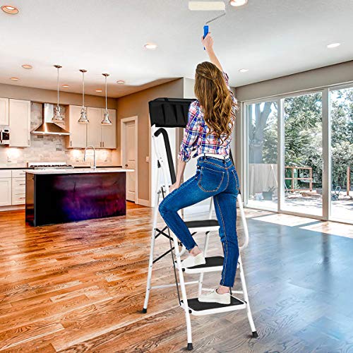 4 Steps Ladder Folding Step Stool Ladder Tool Ladder with Steel with Wide Pedal and Handgrip Non-Slip Sturdy for Household and Office Stepladder with Attachable ToolBag ( MAX 500lbs)