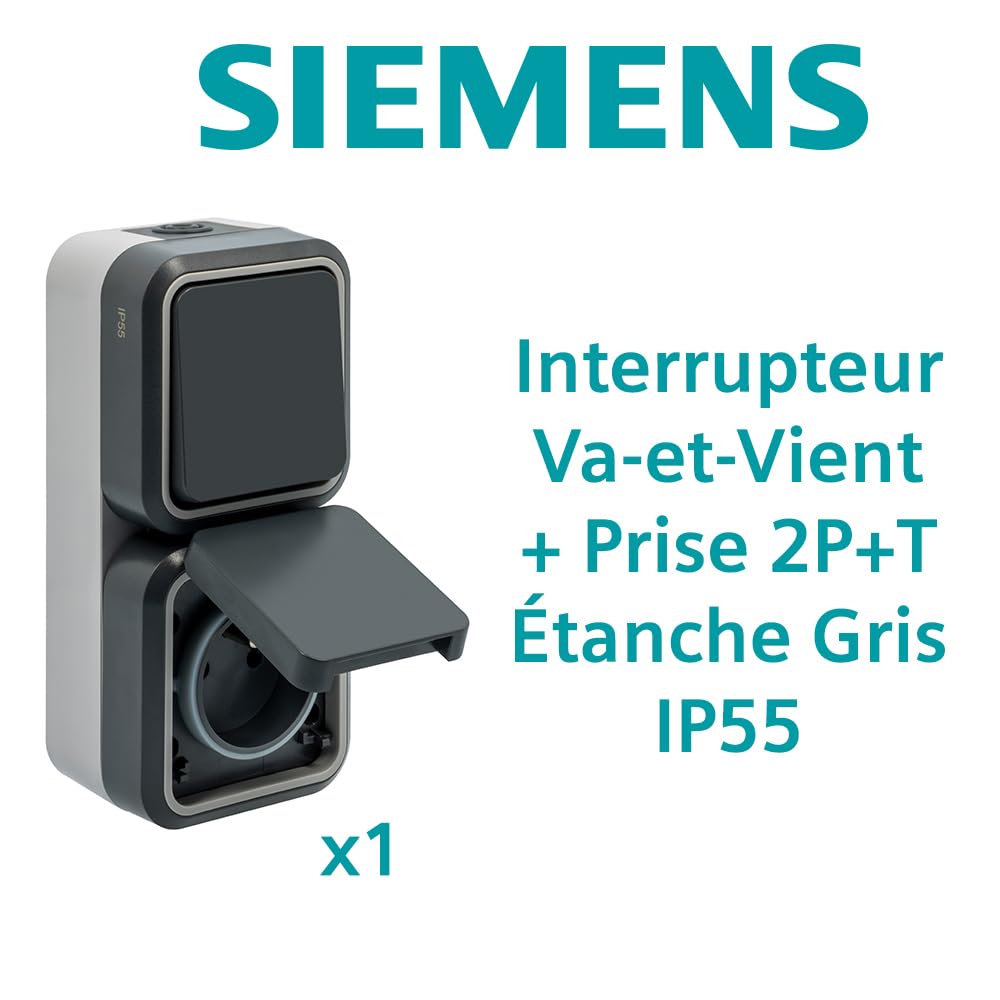 SIEMENS Interrupteur Va-et-Vient avec Prise 2P+T Étanche Gris IP55 Pose en Saillie