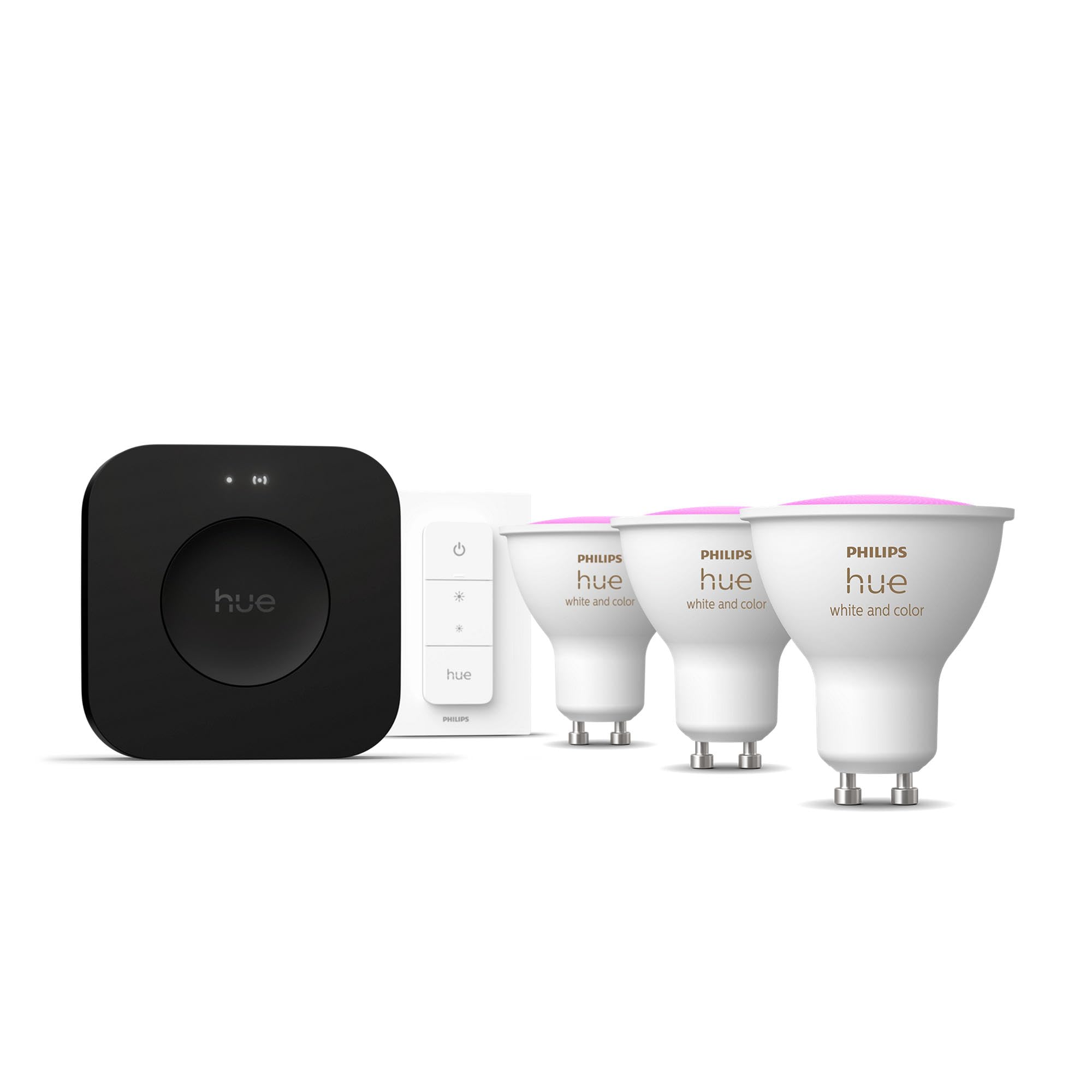 Kit di avviamento - PHILIPS HUE - Luce bianca e atmosfera colorata - 1 Bridge Pro + 3 faretti GU10 da 400 lumens + 1 variateur interruttore