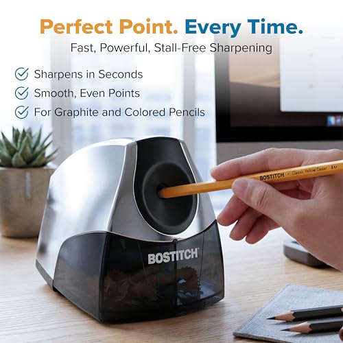 Image of Bostitch Office Electric Pencil Sharpener for Classroom & Desk Use, Heavy-Duty Stall-Free Motor, High-Capacity Shavings Tray, Chrome