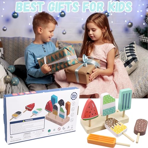 Eisdiele Kinder Holz Eiscreme Spielzeug, EIS am Stiel Holzspielzeug, EIS Spielzeug für Kinder, Kaufladen Zubehör Spielküche Rollenspiele für Kind Mädchen Jungen 3 4 5 6 Jahren Montessori Spielzeug