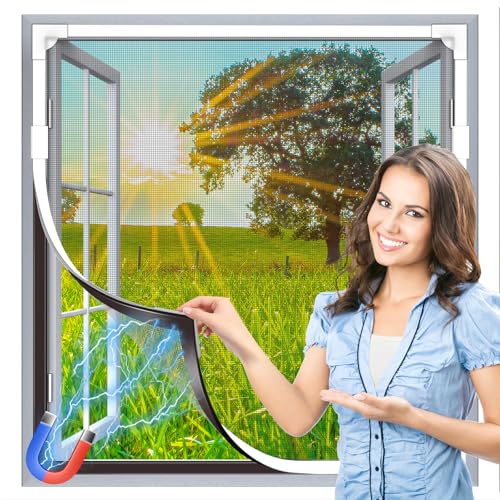 HOFUDON Magnetic Fly Screens for Windows 110x120cm White Frame Grey Mesh