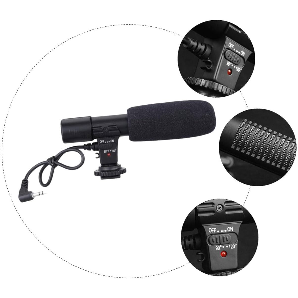 TEHAUX Micrófono de Cámara DSLR Negro Abs para Entrevistas y Vídeo | Zapato Estándar, Captura Estéreo de Alta Sensibilidad, Ángulo 90/120 Grados, Compatibilidad Amplia Teléfono y Camcorder