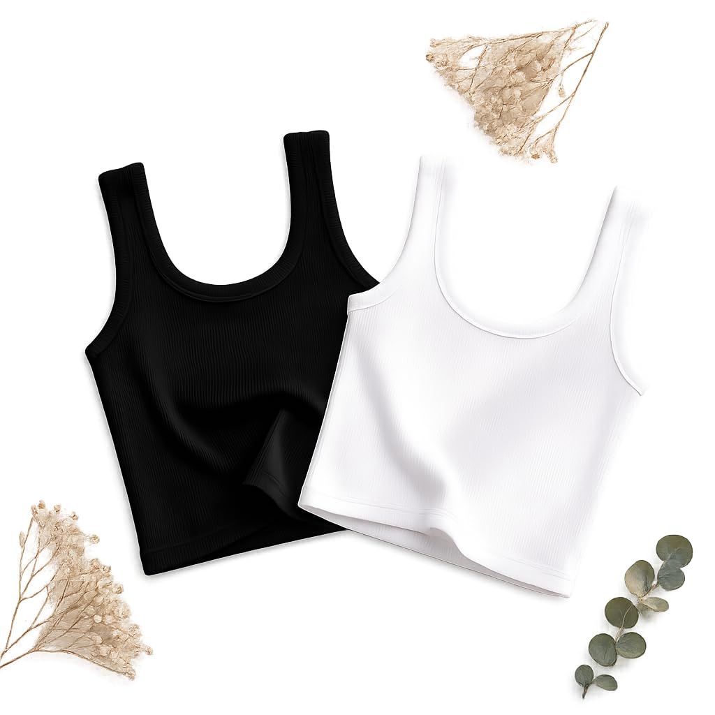 Ribbed Crop Tank Top for Women, Black and White, Pack of 2-image-5