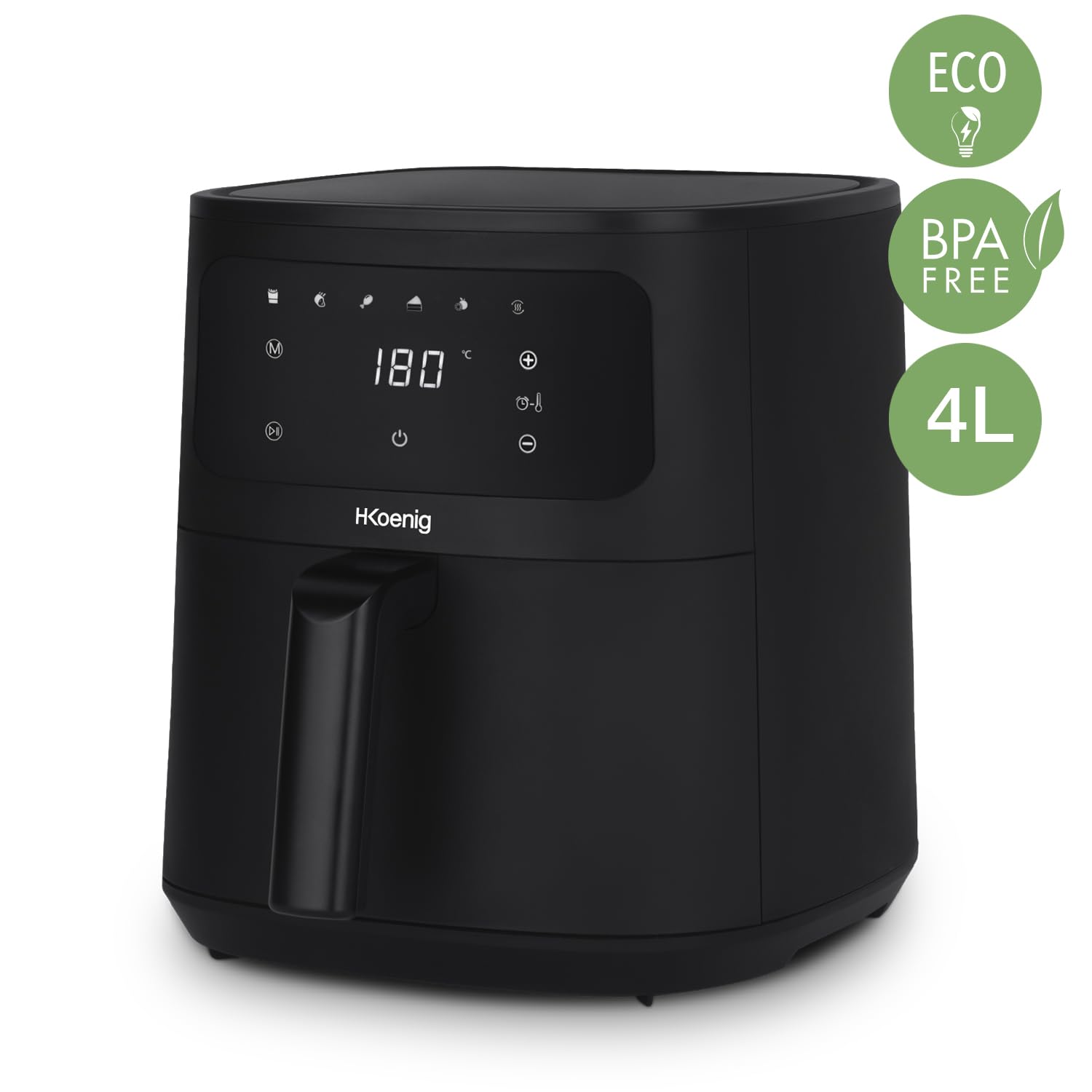 H.Koenig Freidora de aire FRY840, Capacidad 4L, Cocina hasta 6 personas, Ajustable 80-200°C, 5 Modos de Cocción, Temporizador 60min, 5 Programas, Pantalla Táctil