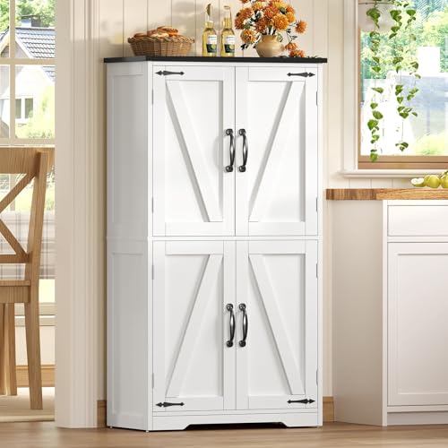 Image of TEENFON Farmhouse Storage Cabinet with 2 Adjustable Shelves, Bathroom Cabinet with 4 Doors, Kitchen Cabinets, Cupboard for Kitchen, Living Room, White
