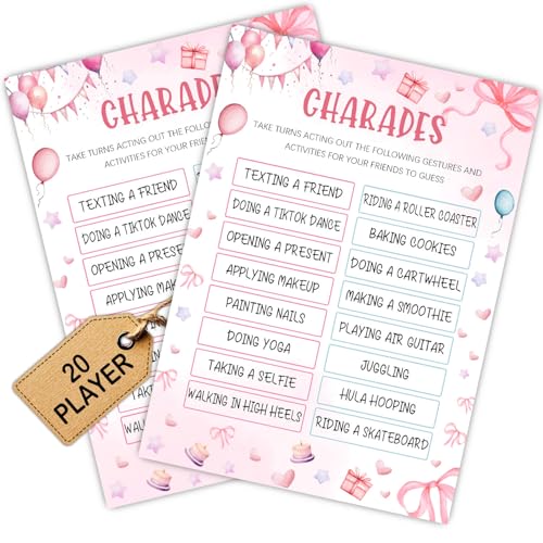 Image of Pink Slumber Party Games Card - Coquette Pink Bow Themed Sleepover Slumber Party Supplies- Birthday Night Games Creative Idea -Sleepover Stuff- Charades- 20 Game Cards