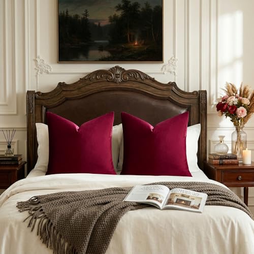 Image of GIGIZAZA Decor Throw Couch Pillow Covers,Wine Red Sofa Cushion Pillow Covers,Velvet Pillow Cases 26 x 26inch