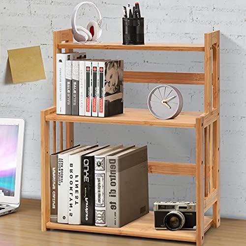 COSTWAY 3 Tier Spice Rack, Freestanding Storage Organizer with Adjustable Shelf, Side Plank and Back Protection Bar, Bamboo Countertop Shelves for Kitchen Bathroom