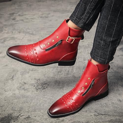 Image of Men's Leather Studded Chelsea Boots with Side Zipper,Adjustable Buckle Comfort Chunky Heel Dress Booties for Motorcycle Riding,Casual Non-Slip Oxford Ankle Boots for Punk Rock Formal