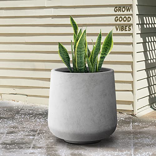Image of Kante Pale Gray Concrete Planter 16.5 inch Dia All-Weather Round Large Pot | Handcrafted Cement Curved, Anti-Frost & UV Outdoors, Plug for Indoor, Lightweight & Durable, Modern Home, Garden, Porch