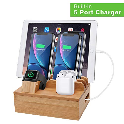 iCozzier Bambú 5-Port USB Estación de acoplamiento de carga Soporte para múltiples dispositivos para iWatch, AirPods, teléfonos, tabletas
