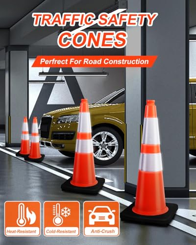 Image of BESEA 4PACK 28 inch inch Traffic Safety Cones Orange Road Parking Cones Heavy Duty Construction Cone Structurally Stable for Traffic Control at Public Place
