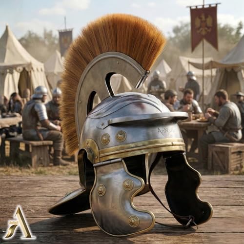 Image of AnNafi Roman Centurion Helmet w /Plume Armor, Medieval Metal Replica Helm, Soldier Costume Gladiator