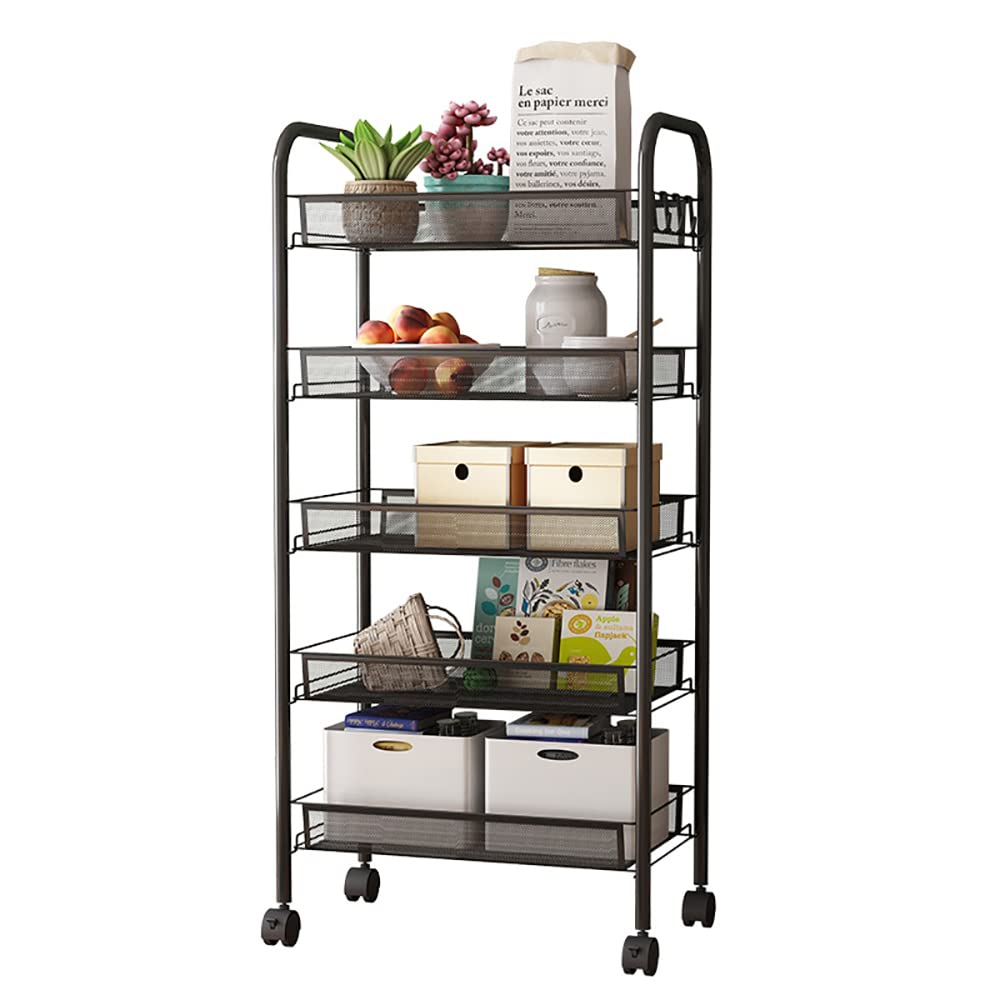 JJONE Utility Kitchen Cart, Mesh Rolling Cart, Storage Organizer Shelf with Lockable Wheels, Utility Kitchen Trolley Cart for Home Kitchen Bedroom Bathroom Living Room Office Garden etc. (A-5Layer)