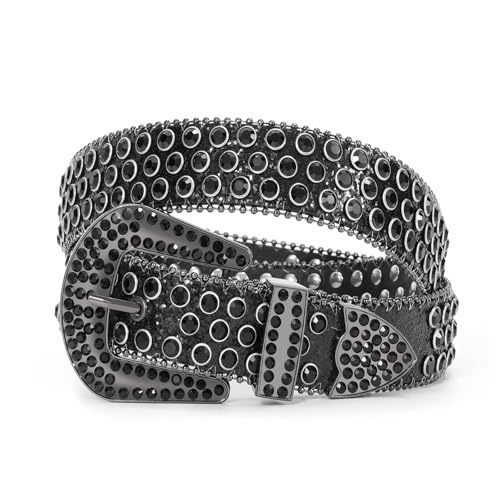 Image of WERFORU Women Men Western Rhinestone Studded Leather Belt Unisex Bling Cowgirl Cowboy Waist Belt for Jeans Pants Dress