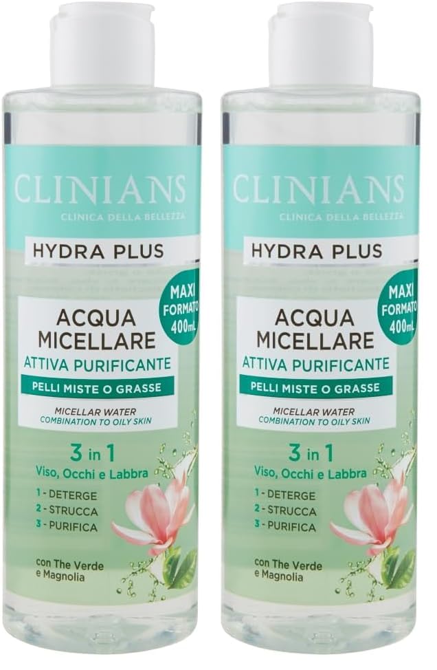CLINIANS | Agua Micelar Desmaquillante Purificante Hydra Plus Active, Dermatológicamente Testado, Limpia Suavemente, Made in Italy, 400 ml (Paquete de 2)