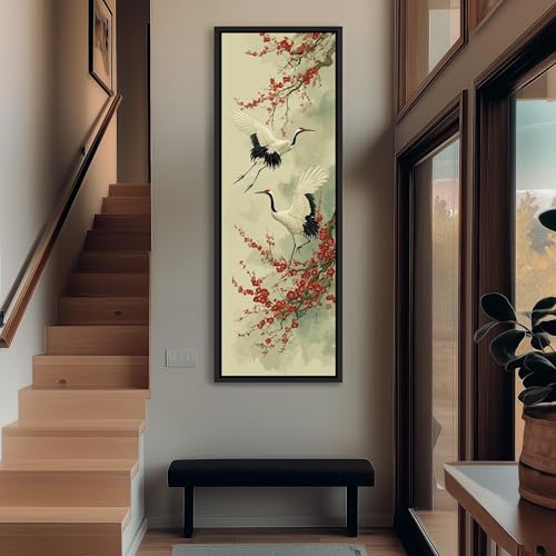 Tableau oiseau asiatique Sumi-e 45x135 cm | Toile verticale zen