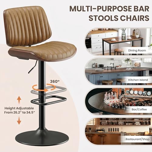 Image of MALOL Bar Stools Set of 4, Adjustable Counter Height Bar Chairs 26 inch-34.5 inch with Swivel & Footrest, Modern Faux Leather Barstools for Kitchen Island, Dining Room,Pub,Brown