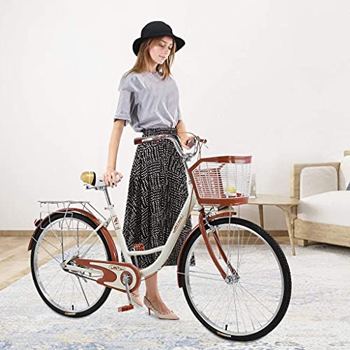 26 Inch Beach Bike for Women (Basket&Back Seat Included) Beach Cruiser Bicycle,Classic Retro Bicycle, Comfort Bike for Picnic&Shopping, Multi-Color to Choose (Coffee)