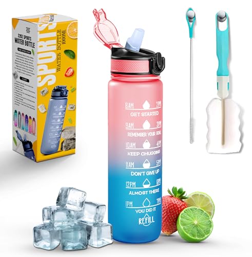 K-MART Sports Water Bottle with Straw and Time Marking, and 32OZ Capacity - Motivational and Eco-Friendly BPA-Free Bottle for Running, Gym, Yoga, Outdoors, and Camping (Style-1, Pink-Blue)