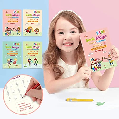 SKY-TOUCH Reusable Handwriting Copybooks for Kids | Magic Practice Workbook Set for Preschool | Grooved Template Design for Improved Writing Skills (4 Books with Pens, 18.5 x 26 cm)
