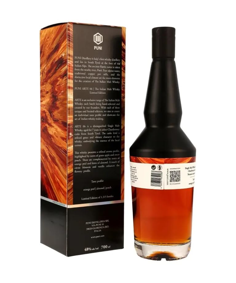 Puni ARTE N°6 Limited Edition Single Malt Whisky Italiano Invecchiato per 7 Anni in Selezionate Botti di Chardonnay dell'Alto Adige 48% Vol 700ml Astucciato