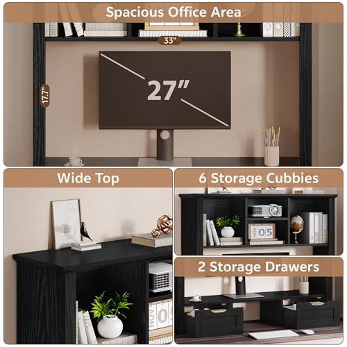 Image of Desk Shelf with Computer Monitor Stand, 37.4''W Desktop Bookshelf Display Rack, Desktop Organizer Storage Rack with Cubbies & Drawers, 5-Tier Hutch for Home, Office, Dorm, Vanity, Black