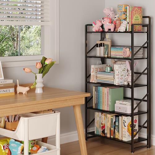 Image of JSB No Assembly Folding Bookshelf, 5 Tier Industrial Metal Book Shelf for Storage, Vintage Wood Foldable Bookcase for Living Room, Bedroom, Office Organization Shelves