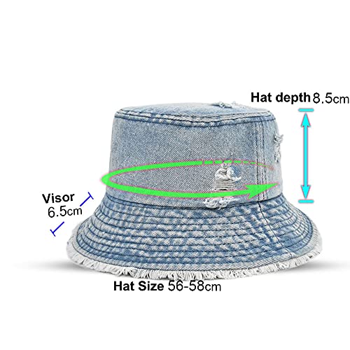 Distressed Denim Bucket Hat Ripped Frayed Edge Sun Hat For Women Men (Deep Blue) #TOP3