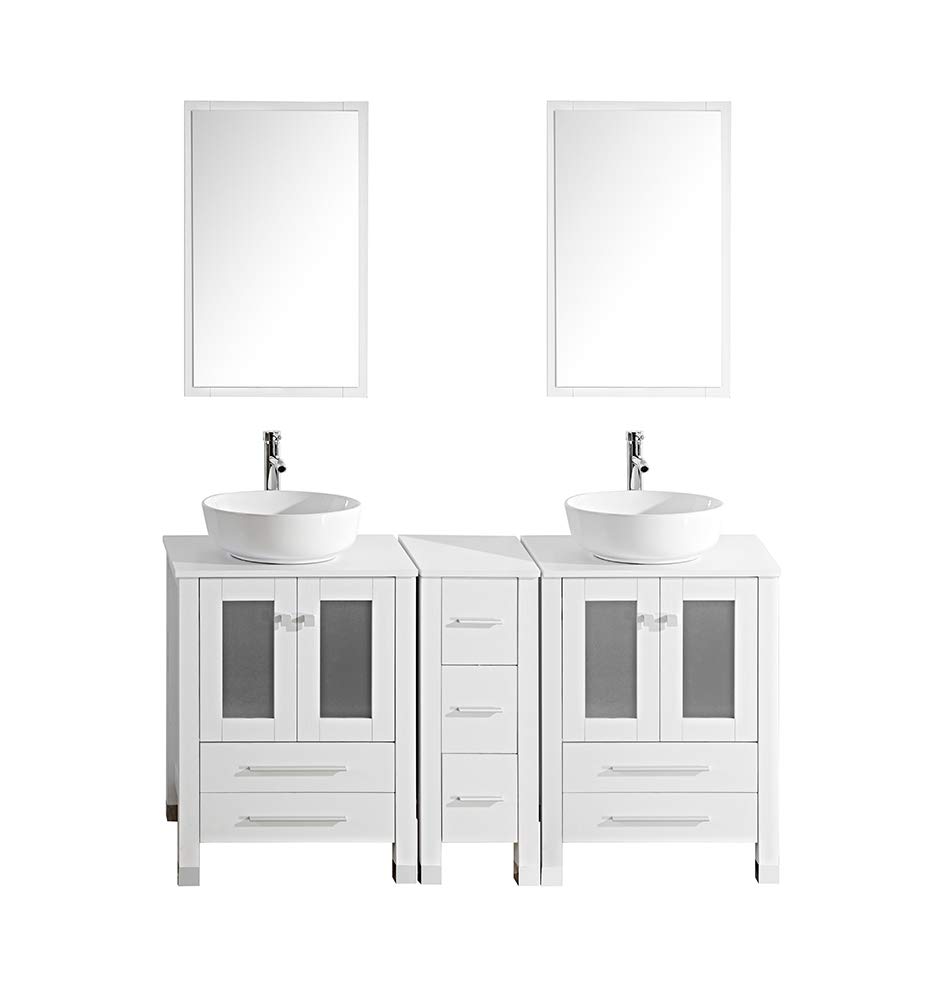 TONYRENAModern 60" Bathroom Vanity Set - Cabinet with Ceramic Sink Top, Chrome Finished Faucet, Flexible Drain & Mirrors, White