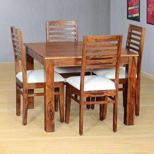 Image of Sheesham Wood Square Dining Table with 4 Cushioned Chairs | Durable Wooden Multipurpose 4 Seater Dining Table Set Furniture for Living Room, Restaurant, Hotels, and Home (Teak Finish)
