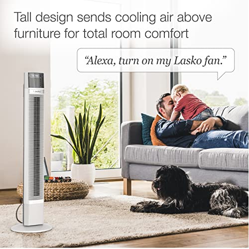 Lasko Compatible With Alexa Oscillating Tower Fan, Voice Controlled, 4 Quiet Speeds, Sleep Mode, Timer, Bedroom, Living Room, 48'', White, T48401 & Portable Electric 42'' Oscillating Tower Fan #TOP3