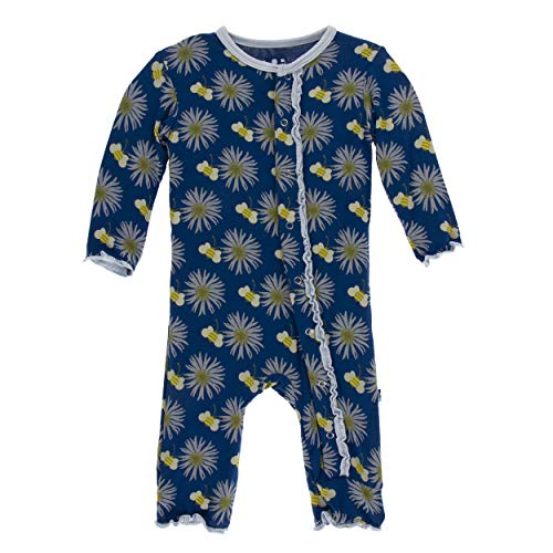 KicKee Pants Little Girls Print Muffin Ruffle Coverall with Snaps - Navy Cornflower and Bee, 9-12 Months