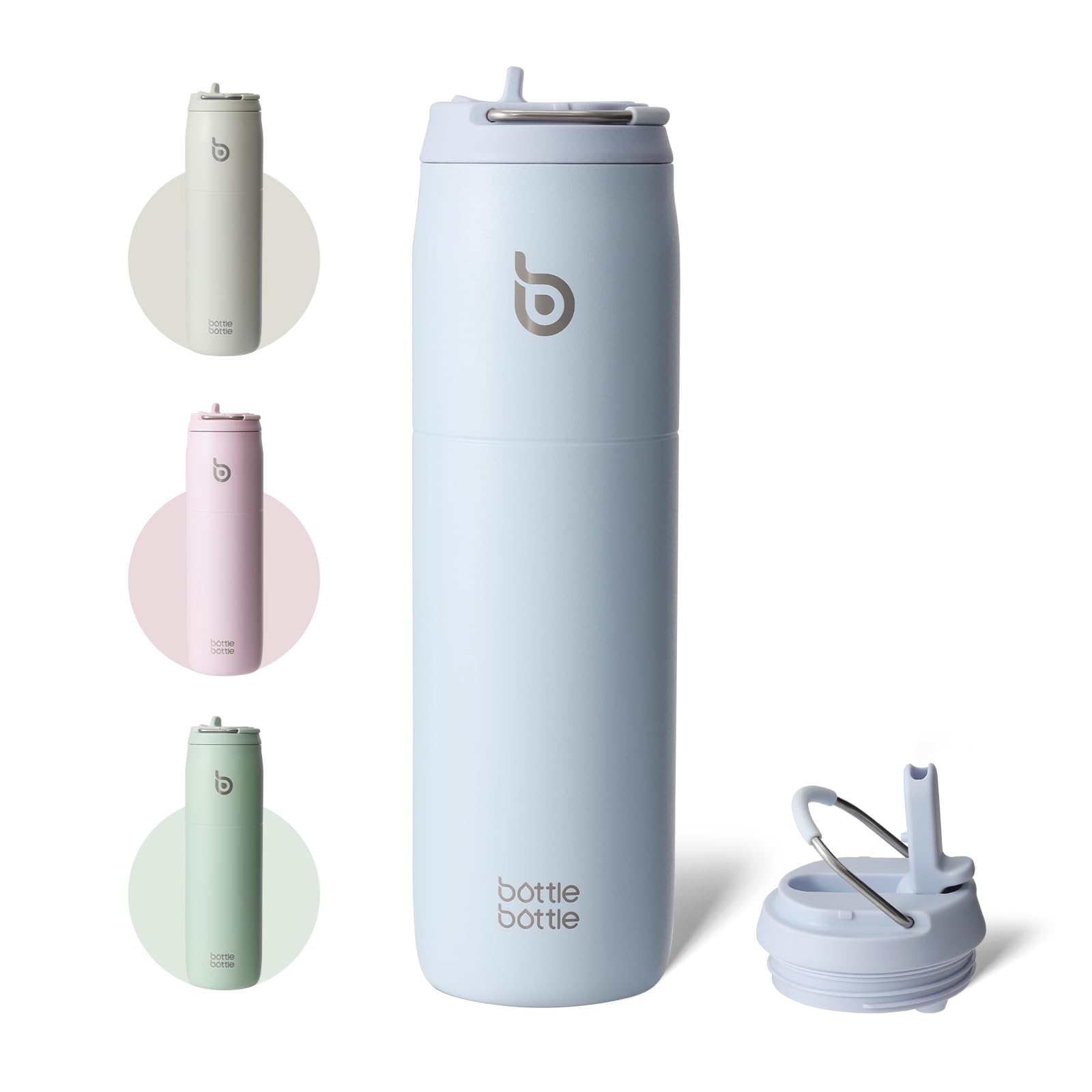 BOTTLE BOTTLE 水筒 1リットル 保温保冷 ストロー付き 直飲み 真空断熱 持ち手付き 大容量 ステンレスボトル ライトブルー | ステンレスボトル 二重構造 1Lサイズ 持ち運び便利 通勤 通学 部活 旅行 キャンプ 水筒カバー