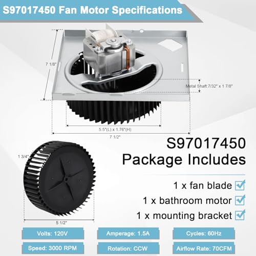 Image of Hiorucet S97017450 Bathroom Fan Assembly for Nutone Broan 771-A, 771A, 771, Exhaust Fan Motor Replaces S97017450, 70CFM, 3000 RPM, 120V, 1.5A, 99080599 Copper Motor, Blower Wheel and Mounting Plate.