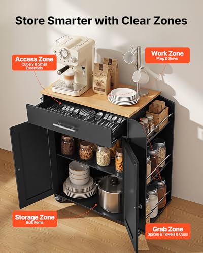 VEVOR Kitchen Island Cart with Storage, 31.3 in Wide Mobile Rolling Storage Island on Swivel Wheels, with Drawer, Storage Cabinet, Spice/Towel Rack, Table for Home Dining Room, Black - image 4