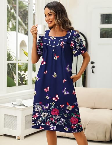 Image of Ekouaer Women's House Dress with Pocket Button Mumus | Short Sleeve Nightgown, Floral Print Mumu Dresses, Square Casual Sleepwear, Boho Roomy Housecoat, Plus Size Soft Sleepwear