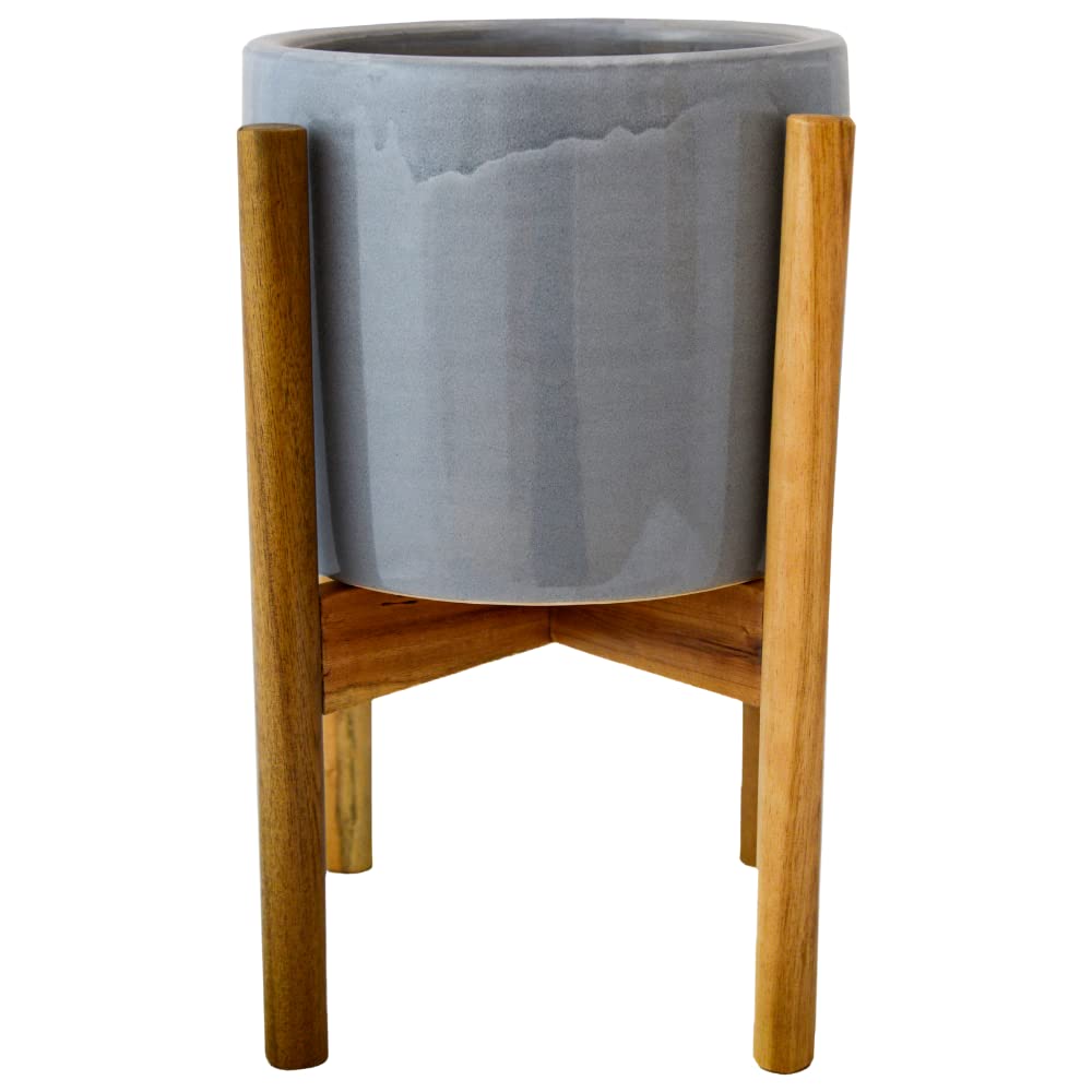 Ivyline Anzio Warm Grey Planter with Wooden Stand - H38.5cm x D24cm - Mid Grey