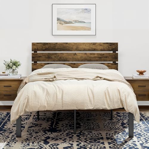 Image of SHA CERLIN Full Size Bed Frame with Rustic Wooden Headboard,3 Boards Design, Heavy Duty Metal Slats Support Platform, No Box Spring Needed, Dark Brown