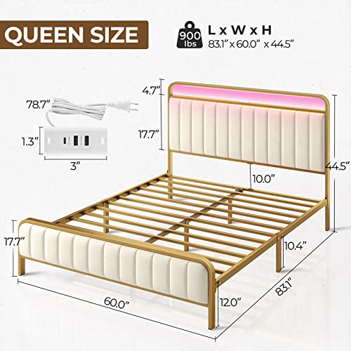 Rolanstar Bed Frame Queen Size With Charging Station And Led Lights, Upholstered Velvet Bed With Headboard Footboard, Heavy Duty Metal Slat, No Box Spring Need, Noise Free, Easy Assembly, Golden Color #TOP2