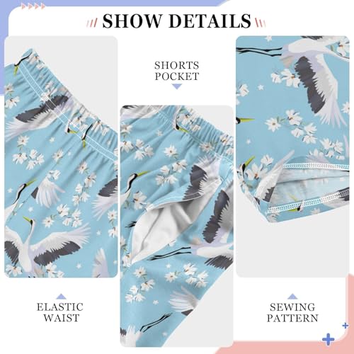 Fly Crane Bird Flowers Boys Long Pants Soft Trousers Elastic Waist Kids Lounge Bottoms with Pockets S-XL4